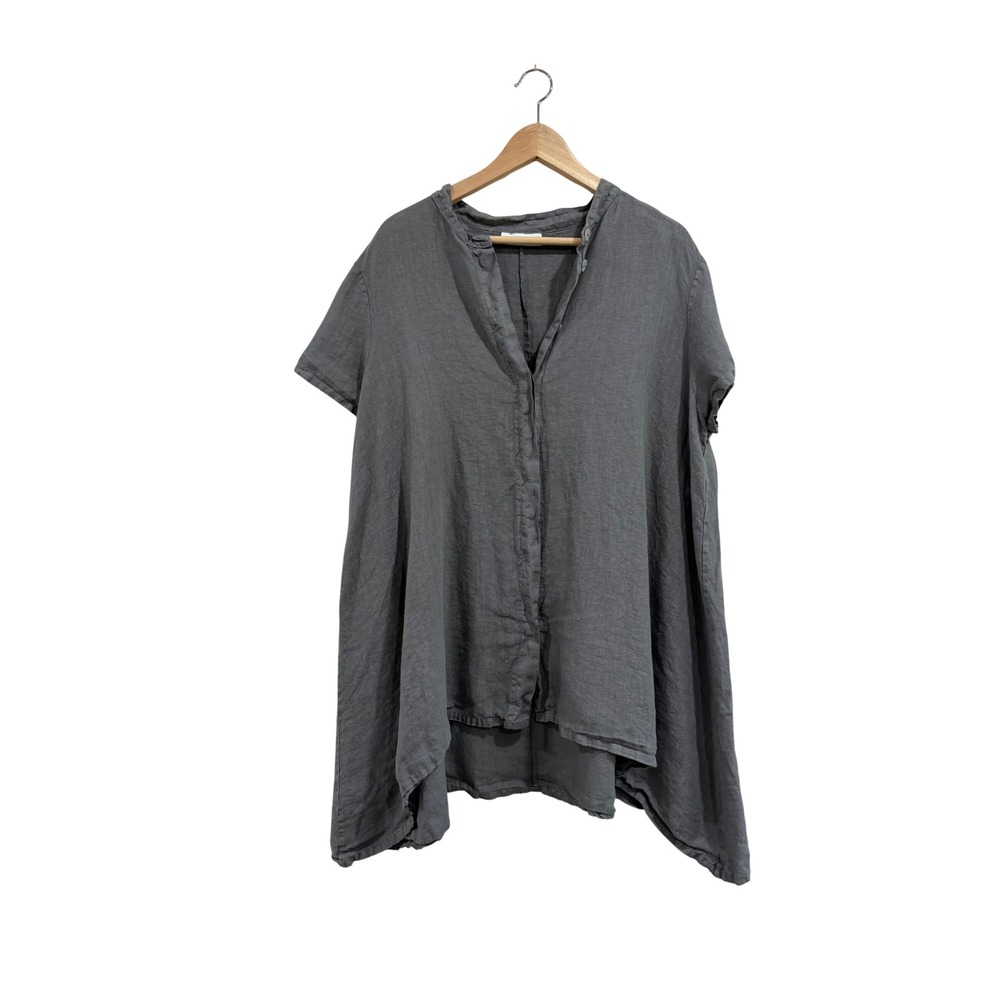 Bryn Walker Grey 100% Linen Short Sleeve Button Front Willa Tunic Top Made Sz L